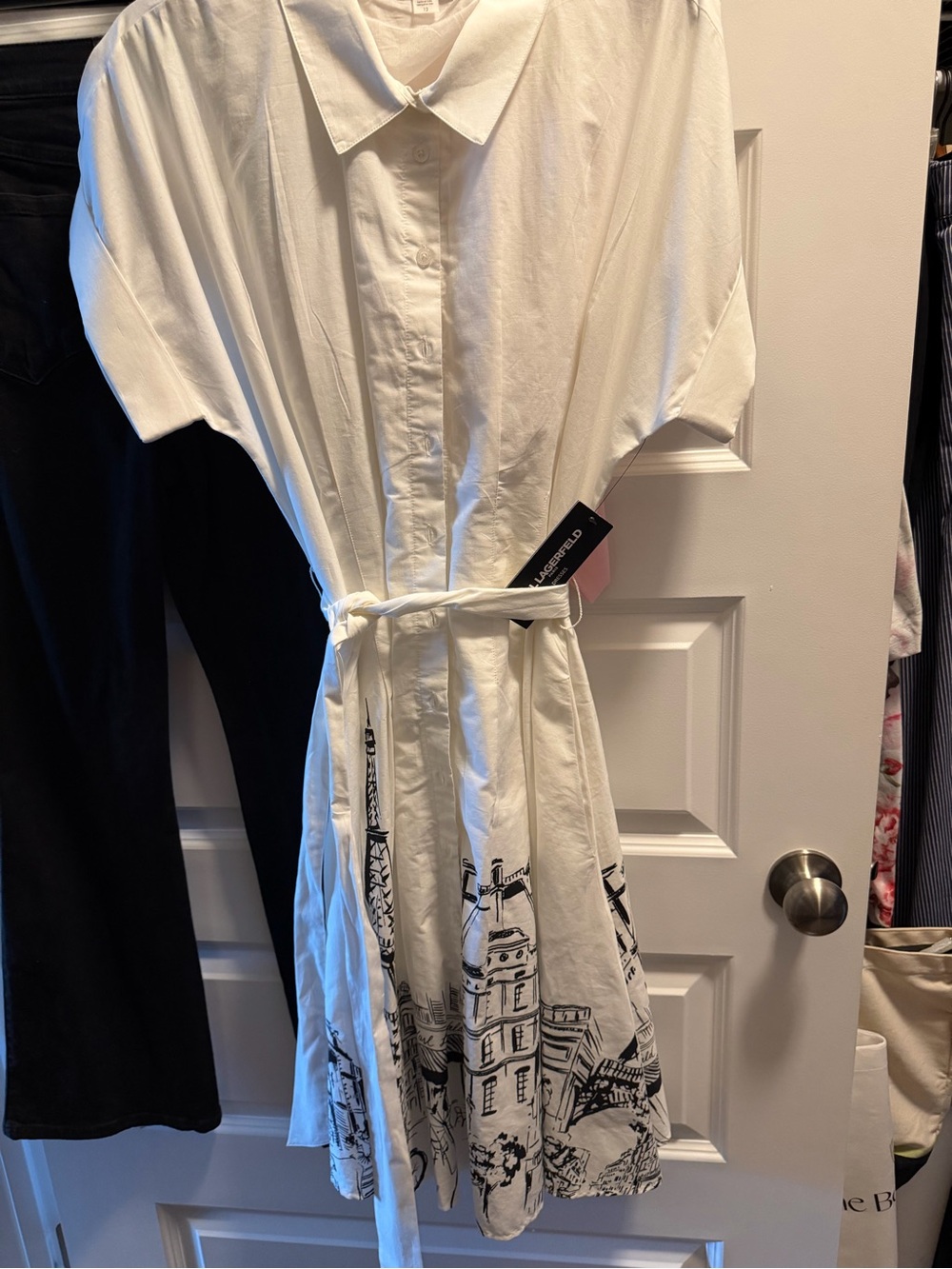 Karl Lagerfeld White Button-Down Shirt Dress with Black Printed Hem